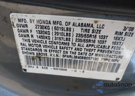 2008 Honda Odyssey Ex z USA, uszkodzony, nr VIN 5FNRL38408B057190